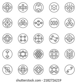 Blockchain Technology Concept Outline round icons set - vector Block-Chain Cryptocurrency abstract linear Symbols in Circles. Decentralized Block Chain Network circle-shaped signs collection