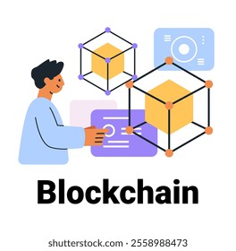 Blockchain technology concept with person interacting digital cubes futuristic design elements colorful geometric shapes website banner