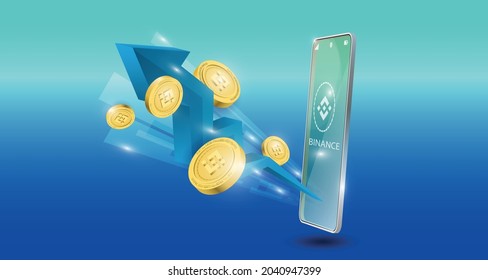 concepto de tecnología blockchain con flecha azul ascendente con fondo de moneda de binancia. Ilustración vectorial realista.