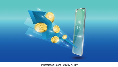 blockchain technology concept with uptrend blue arrow with dogecoin background. Realistic vector illustration. svg