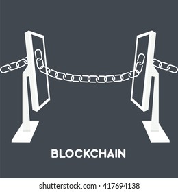 Blockchain technology concept.Computers connected by chain from screen. Vector illustration of distributed database for web security, cryptography, virtual money, secure e-business.