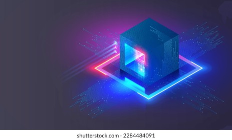 Blockchain technology conceptual banner. Mining, exchange, p2p arbitration of cryptocurrency. Digital Block or cube consisting at digital financial data. Fintech abstract background. Block chain tech.