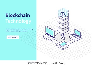 
Blockchain technology and cryptocurrency concept. Can use for web banner, infographics, hero images.  Line style Isometric vector illustration.