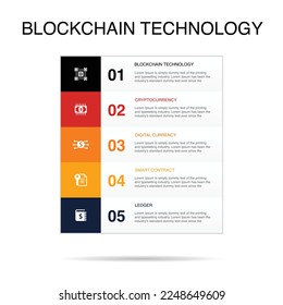 tecnología blockchain, criptodivisa, moneda digital, contrato inteligente, libro mayor, iconos Plantilla de diseño de diseño de diseño de infografía. Concepto de presentación creativa con 5 pasos