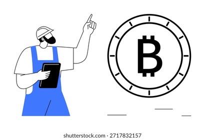 Tecnología blockchain, criptomonedas, servicios financieros, economía digital, fintech, oportunidades de inversión. El trabajador apunta al símbolo de Bitcoin sosteniendo una tableta. Tecnología Blockchain
