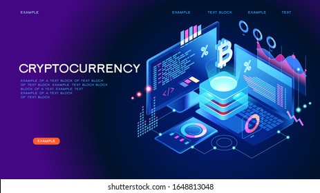 Blockchain technology. Cryptocurrency marketplace of bitcoin mining farm in smart city. Digital cloud network for crypto currency.. Modern 3d isometric vector illustration of web page.  Design concept