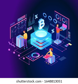 Blockchain technology. Cryptocurrency marketplace of bitcoin mining farm in smart city. Digital cloud network for crypto currency.. Modern 3d isometric vector illustration of web page.  Design concept