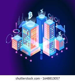 Blockchain technology. Cryptocurrency marketplace of bitcoin mining farm in smart city. Digital cloud network for crypto currency.. Modern 3d isometric vector illustration of web page.  Design concept