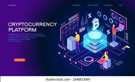 Blockchain technology. Cryptocurrency marketplace of bitcoin mining farm in smart city. Digital cloud network for crypto currency.. Modern 3d isometric vector illustration of web page.  Design concept