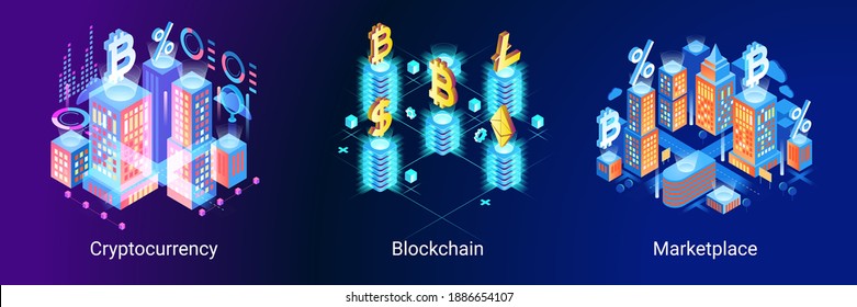 Blockchain technology. Cryptocurrency marketplace of bitcoin mining farm in smart city. Digital cloud network for crypto currency.. Modern 3d isometric vector illustration of web page.  Design concept