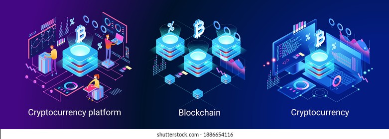 Blockchain technology. Cryptocurrency marketplace of bitcoin mining farm in smart city. Digital cloud network for crypto currency.. Modern 3d isometric vector illustration of web page.  Design concept