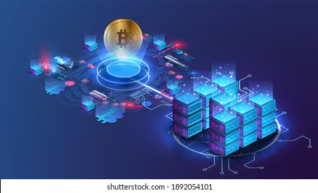 Blockchain technology. Cryptocurrency marketplace of bitcoin mining farm. Bitcoin conceptual background with blue glowing electric lights Modern bright banner, site template with place for your text.