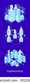 Blockchain technology. Cryptocurrency marketplace of bitcoin mining farm in smart city. Digital cloud network for crypto currency.vector illustration of web page.  Design concept.