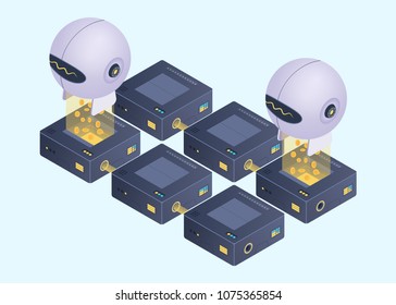 Blockchain technology. Cryptocurrency mining isometric composition. Vector illustration