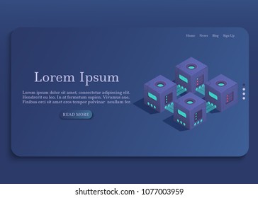 Blockchain technology. Cryptocurrency mining isometric composition. Vector illustration
