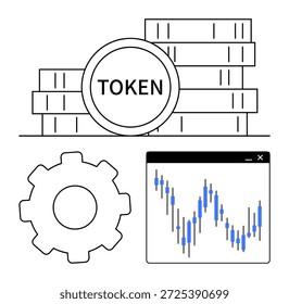 Tecnologia de cadeia de blocos, negociação criptomoeda, inovação fintech, análise financeira, ativos descentralizados, ferramentas de investimento. Ficha com pilhas de moedas, engrenagem e gráfico de preços. Cadeia de blocos