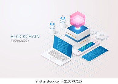 Blockchain technology and Cryptocurrency via computer and laptop system,  digital currency concept landing page template. isometric vector illustration.