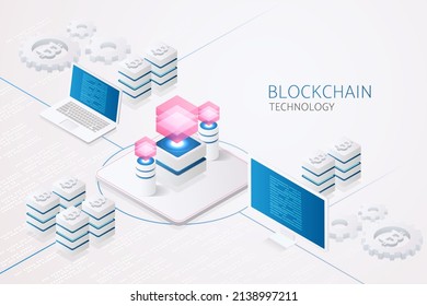 Blockchain technology and Cryptocurrency via computer and laptop system,  digital currency concept landing page template. isometric vector illustration.