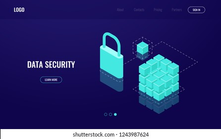 Blockchain technology, data access and data security, isometric icon, protection cloud computing, lock database, dark neon vector