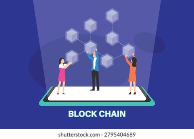 Blockchain Technology and Decentralized Network Concept with People on Smartphone Screen 2d flat vector illustration