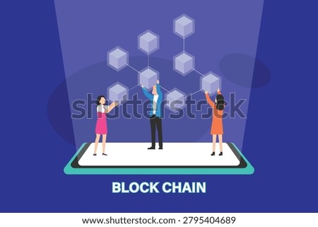 Blockchain Technology and Decentralized Network Concept with People on Smartphone Screen 2d flat vector illustration