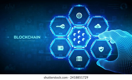 Tecnología Blockchain. Red descentralizada. Criptodivisa de Fintech. Bloques de información en el ciberespacio. La mano del armazón de alambre coloca un elemento en una composición visualizando la cadena de bloques. Ilustración del vector