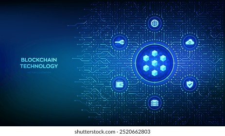 Blockchain technology. Decentralized network. Fintech cryptocurrency. Information blocks in cyberspace. Background with circuit board connections and tech icons. Vector Illustration.