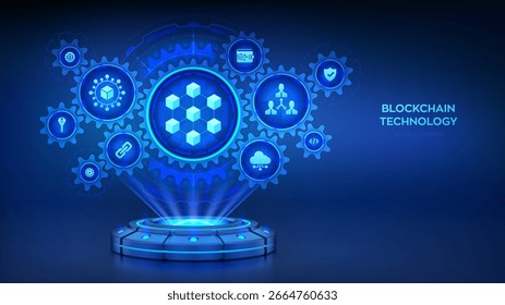 Tecnologia de cadeia de blocos. Rede descentralizada. Criptomoeda Fintech. Plataforma holográfica com raios brilhantes formando uma projeção de engrenagens interconectadas com ícones. Ilustração de vetor.