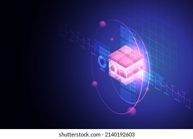 Blockchain technology digital hologram background. isometric vector illustration.