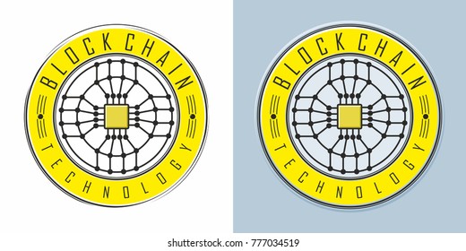 Blockchain technology emblem round shape isolated on white, and variation on muted light blue background, design of token or coin with integrated chip, vector illustration