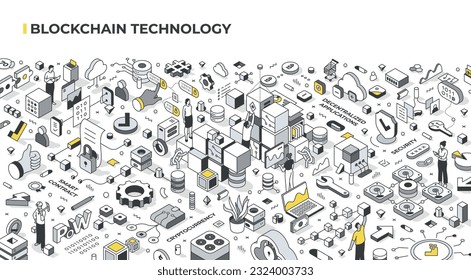 Blockchain technology, featuring smart contracts, cryptocurrency, decentralized applications, and security elements such as cryptography and distributed consensus. Isometric linear illustration