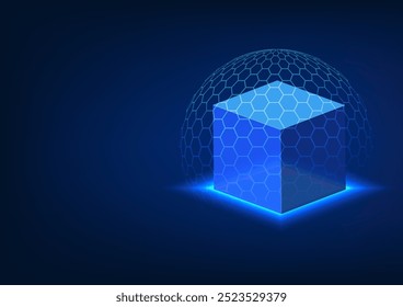 Tecnologia de cadeia de blocos com proteção de bloco quadrado por um escudo hexagonal. segurança e inovação em transações digitais, destacando o poder transformador da cadeia de blocos nas finanças modernas