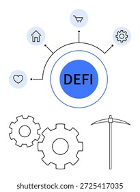 Tecnologia Blockchain, serviços financeiros, criptomoeda, mineração, inovação fintech, sistemas descentralizados. Ícone Circular Defi com símbolos ao redor. Blockchain e serviços financeiros visual