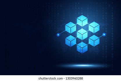 Blockchain technology fintech cryptocurrency block chain server abstract background. Linked block contain cryptography hash and transaction data. New futuristic system technology. Vector illustration.