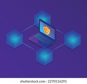 Blockchain technology fintech cryptocurrency block chain server. Linked block contain cryptography hash and transaction data. Isometric design concept blockchain and cryptocurrency technology.
