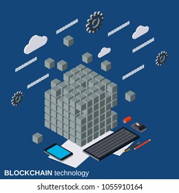 Blockchain technology flat 3d isometric vector concept illustration