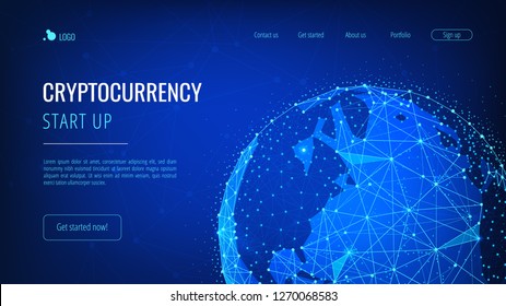 Blockchain technology futuristic hud background with world globe and blockchain polygon peer to peer network. Global cryptocurrency fintech business banner concept. Low poly vector design.