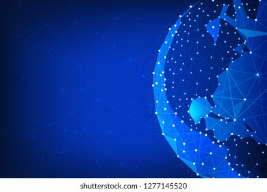 Blockchain technology futuristic hud background with world globe and blockchain polygon peer to peer network. Global cryptocurrency fintech business banner concept. Low poly vector design.