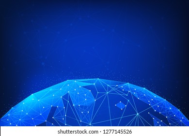 Blockchain technology futuristic hud background with world globe and blockchain polygon peer to peer network. Global cryptocurrency fintech business banner concept. Low poly vector design.