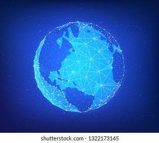 Blockchain technology futuristic hud background with world globe and blockchain polygon peer to peer network. Global cryptocurrency fintech business banner concept. Low poly vector design.