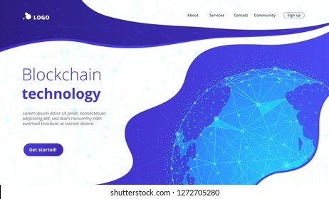 Blockchain technology futuristic landing page hero image with world globe and blockchain polygon peer to peer network. Global cryptocurrency fintech business banner concept. Low poly vector design.