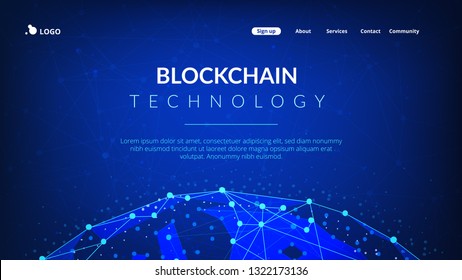 Blockchain technology futuristic landing page hero image with world globe and blockchain polygon peer to peer network. Global cryptocurrency fintech business banner concept. Low poly vector design.