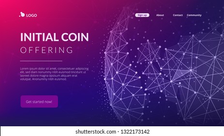 Blockchain technology futuristic landing page hero image with world globe and blockchain polygon peer to peer network. Global cryptocurrency fintech business banner concept. Low poly vector design.