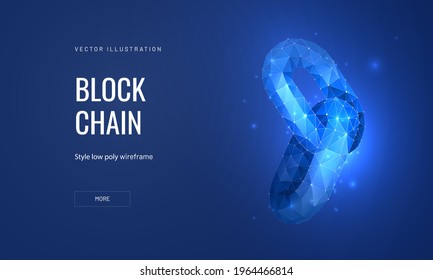 Blockchain technology in a futuristic polygonal style. Cryptocurrency development concept on blue background. Abstract vector illustration of a chain block