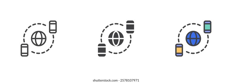 Blockchain technology with global connection different style icon set. Line, glyph and filled outline colorful version, outline and filled vector sign. Symbol, logo illustration. Vector graphics