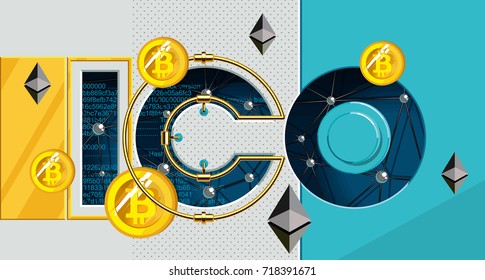 Blockchain Technology, ICO Vector Illustration. Initial Coin Offering. IT Startup Crowdfunding. Great For Social Media, Blog, Flyer, Presentation.