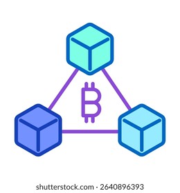 Blockchain technology icon with bitcoin currency symbol representing digital network, big data connected innovation, database node linked for tech app. Isolated cut out illustration.