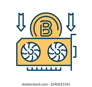 Blockchain technology icon. Gold coin with video card. Gadgets and devices, part for computer. Poster or banner for website. Cryptocurrency mining and bitcoin. Cartoon flat vector illustration