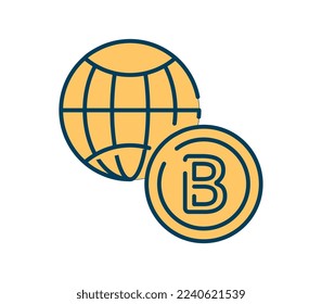 Blockchain technology icon. Golden coin on background of globe, international trade and transactions. Financial literacy and economics, passive income concept. Cartoon flat vector illustration