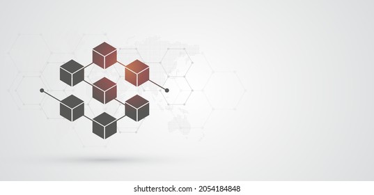 Blockchain technology icon with hexagon pattern and world map on black and white color background